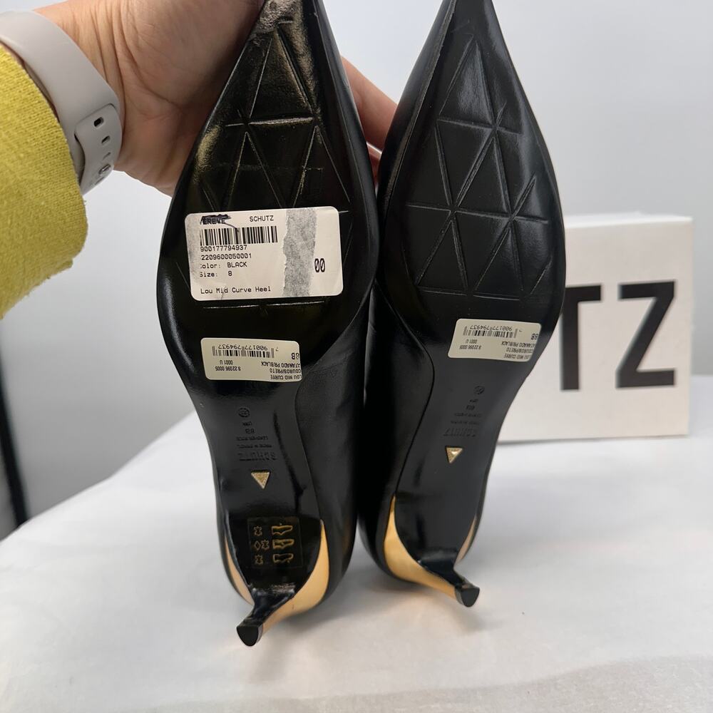 SCHUTZ New in Box Lou Mid Curve Pump Heel Black Leather with Gold Heel // 8 - Picture 7 of 11